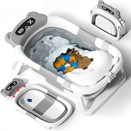 AVIDOR Baby Bathtub,Collapsible Bathtub for Newborn to Toddler,Durable Essential Infant Bath Tub,Portable Travel Baby Tub with Soft Cushion,No-Slip Hanging and Detachable(Grey)