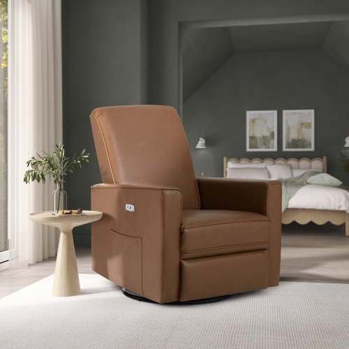 Evolur Harlow Deluxe Upholstered Plush Seating Glider Swivel, Power Recliner with USB Port, Greenguard Gold Certified, Glider Chair for Nursery, Cognac