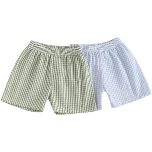 2-Pack Toddler Baby Boy Girl Gingham Seersucker Shorts Elastic Waist Check Shorts Summer Casual Short Pants Bottoms