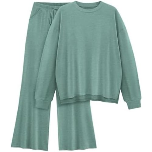 Womens Lounge Set 2025 Fall 2 Piece Outfits Long Sleeve Tops Wide Leg Long Pants Cozy Matching Sets Clothing
