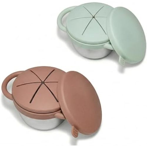 2-Pack Stainless Steel Snack Cups for Babies&Toddlers,12 OZ Spill-Proof Snack Containers with Handles and Travel Lid for Kids, BPA-Free Dishwasher Safe (Mocha Mousse & Sage Green)
