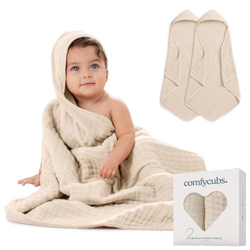 Comfy Cubs Hooded Baby Towel 2-Pack, Large 32 x 32 Inch - 6 Layer 100% Muslin Cotton for Babies, Toddlers and Kids - Soft & Absorbent Baby Bath Towels - Unisex Design for Bath Time - Sand