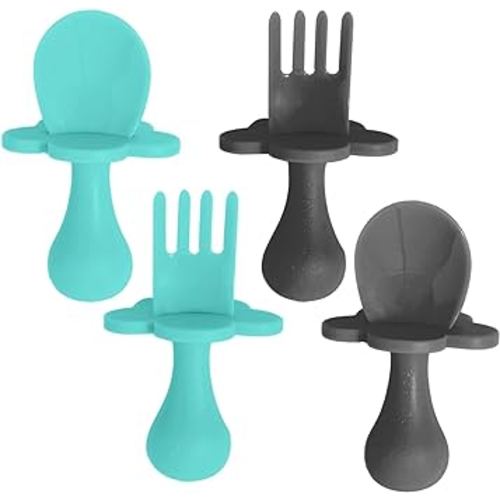 Grabease Silicone Baby Feeding Utensil Set - Self-Feeding Forks For Baby - Forks & Spoon, Ages 6-12 Months - Dishwasher-Safe Infant Spoon & Utensil - Teal & Gray, Pack of 2