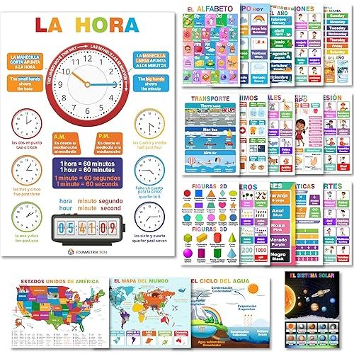 20 Spanish English Bilingual Educational Posters Water Proof Learning Chart for Preschool, Kindergarten, Classroom Decoration, Alpabet, Alfabeto, Numbers...( Flat Packaging 11"x16" )