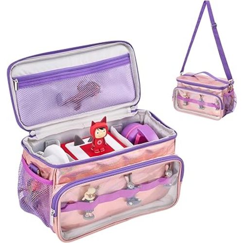 Hautton Carrying Case for Toniebox 2/1 Audio Player, Portable Travel Storage Organizer Bag for Tonies Starter Set, Figures, Headphones and Charging Station with Shoulder Strap and Handle -LazerPink