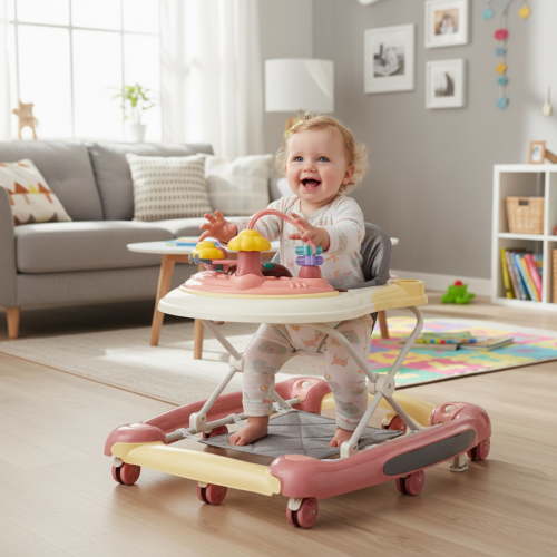 JUANYU Baby Walker,4-in-1 Multi-functional Adjustable Height Toddler Feeding Walker,for Toddlers 6-18 months,Pink