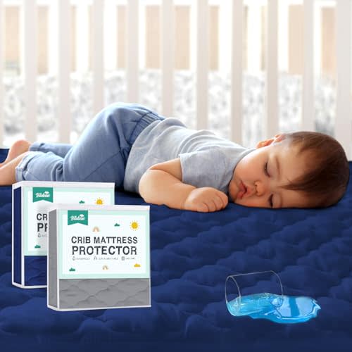 2 Pack Crib Mattress Protector Sheets Fitted Waterproof Crib Mattress Pad Cover, Noiseless & Machine Wash 100% Absorbent Toddler Mattress Protector Sheet Quilted, Gray&Navy, 52" x 28"