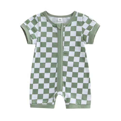 KtwHarnu Newborn Baby Boy Girl Clothes Checkered Plaid Short Sleeve Zipper Romper Jumpsuit One Piece Bodysuit Summer Outfit