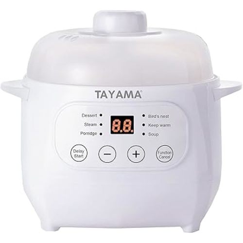 TAYAMA 1 Qt. White Mini Ceramic Stew Cooker with Pre-Settings and Built-In Timer, Small