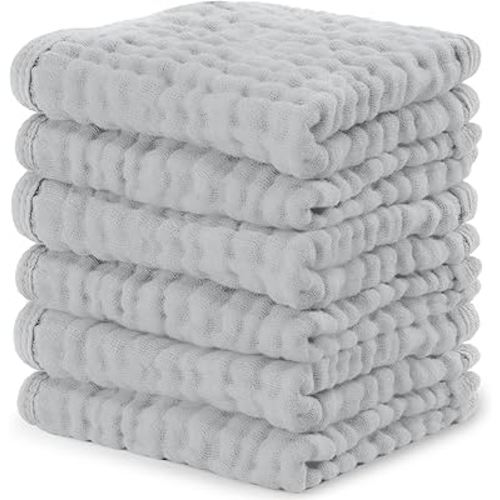 Comfy Cubs Muslin Baby Washcloths 6 Pack - Soft 6-Layer Cotton Wash Cloths for Sensitive Skin - 10"x10" Large, Gentle, Absorbent Infant Essentials for Newborn and Toddlers - Heather Blue
