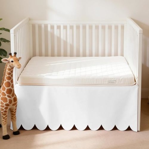 100% Cotton Scallop Edge Crib Bed Skirt, 28"x 52" with 14" Drop, 4-Sided Soft Breathable Cotton Bedding Skirt for Baby Boys Girls, Elegant Vintage Chic Boho Nursery Decor Toddler Bedskirt