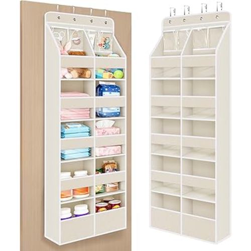 Univivi 6-Shelf Over Door Hanging Organizer Fabric Door Storage with 10 Large Pockets and 4 Small PVC Pockets Closet Cabinet Wall Mount Hanging Storage Organizers for Baby Nursery (Beige Pattern)