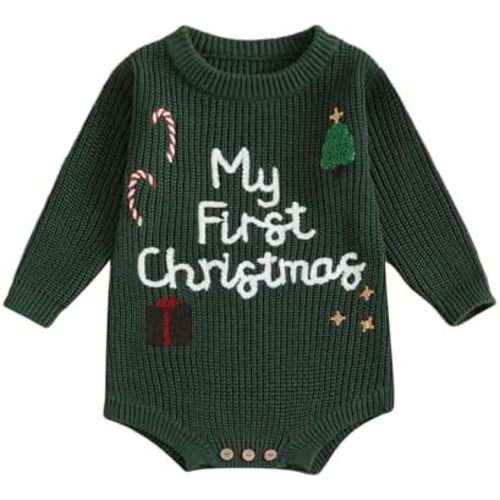 MoZiKQin My First Christmas Baby Girl Boy Outfit Knit Sweater Romper Embroidered Long Sleeve Jumpsuit Fall Winter Clothes