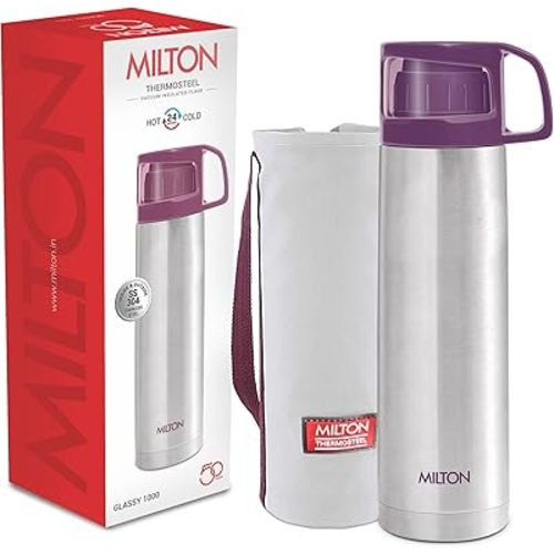 Milton Thermos for Hot Drinks 1000 ml (34 oz), 24 Hours Hot and Cold, Stainless Steel Water Bottle, Double Walled Vacuum Insulated Flask for Hot Coffee, Thermosteel, Leak Proof, Glassy, Purple