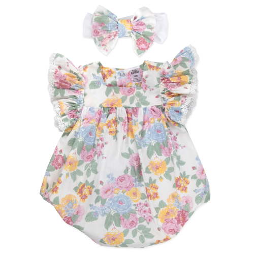 Baby Essentials 6 Months Infant Girls Romper with Matching Headband 100% Cotton Spring Summer Outfit in Multi Floral