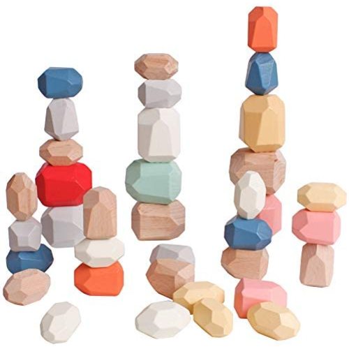 Dinhon 36pcs Colorful Blue Wood Stone Stacking Game Wooden Building Block Set Lightweight Natural Balance Weight Colorful Rock Block Educational Educational Toy