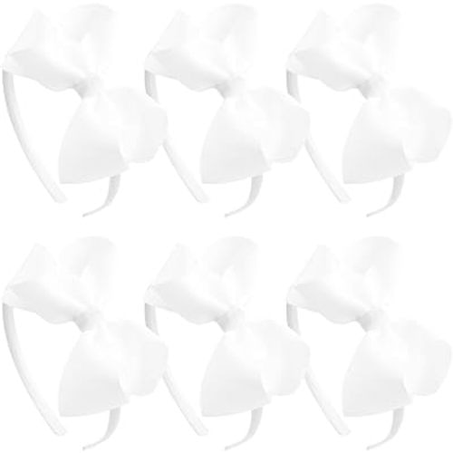 6Pcs 4 Inch Grosgrain Ribbon Bows Headbands,Plastic Hair Hoops Hair Accessories for Baby Girls Kids (White)