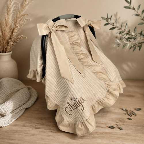 Personalized Handmade Baby Car Seat Cover in Beige Cotton Knit with Ruffles and Bows