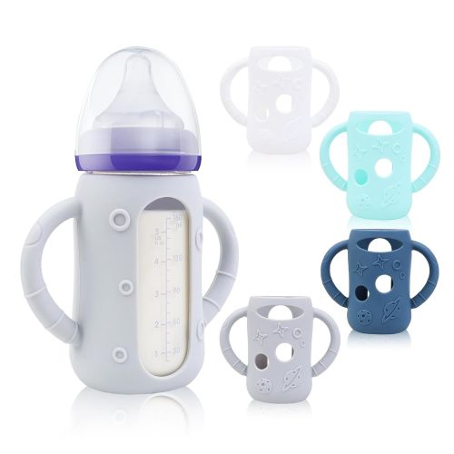 Baby and Toys - USA ZCH 4-Pack Silicone Sleeves for Lansinoh Glass Bottles, BPA-Free Drop-Resistant Baby Bottle Sleeves with Handles, Compatible with Lansinoh Anti-Colic Glass Baby Bottles (8 oz) - 5 Ounce / White & Green & Blue & Grey