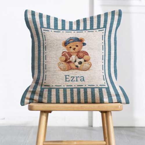 Personalized Woven Sports Teddy Bear Decorative Pillow, Custom Newborn Crib Accessory, Sports Baby Shower Gift, Boy Bedroom Nursery Decor