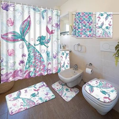 Nuanchu 6 Pcs Mermaid Shower Curtain Set with Rug Bathroom Sets with Shower Curtain Bath Mat U Shaped Mat Toilet Lid Cover 2 Bath Towels and 12 Hooks Mermaid Bathroom Decor