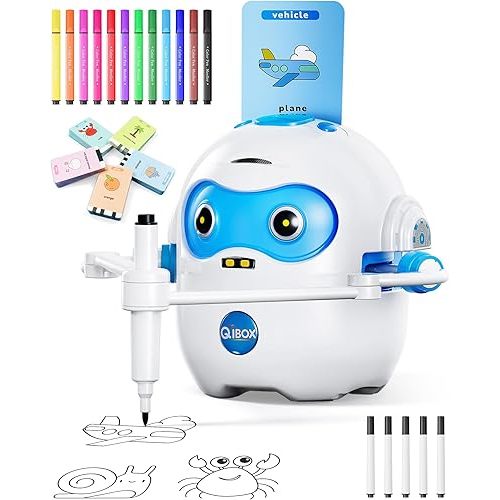 Drawing Robot for Kids, Rechargeable 4-in-1 Draw/Learn/Spell/Music Interactive Educational Robot Drawing Machine with 100 Cards & 12 Color Pens, Learning Toys for 3-8 Year Old Boys Girls Birthday Xmas