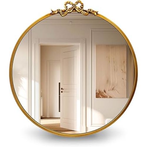 Vintage Round Gold Bow Mirror: 23.6" Antique Bathroom Vanity Mirrors with Metal Frame - Baroque Ornate for Entryway/Bedroom/Hallway/Mantle- Home Wall Decor for Living Room