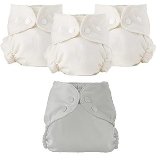 Esembly Cloth Diaper Bundle Set, 3 Organic Absorbent Inners and 1 Waterproof Recycled Diaper Cover, Reusable Washable Diapers with Snap Closure, Size 1 (7-17lbs), Dove