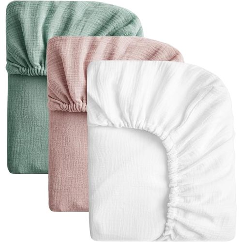 SOULFUL Muslin Crib Sheets for Boys Girls, 3 Pack Soft and Breathable Cotton Fitted Crib Sheets for Standard Crib Mattress (28"x 52", White & Dusty Rose & Green)