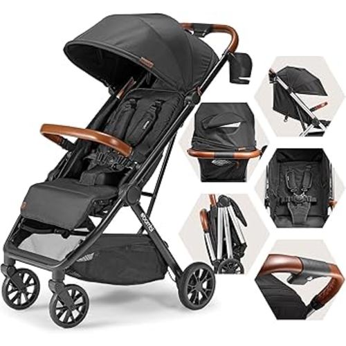 Bombi Bēbee V2 Lightweight Baby Stroller - Premium Vegan Leather, One-Hand Fold, Infinite Recline, Aircraft-Grade Aluminum Frame, XXL Canopy, and Ample Storage Umbrella Stroller - Hickory