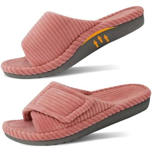 GRITHEIM Women's Orthopedic Arch Support Slippers Fuzzy Adjustable Orthotic Slippers for Plantar Fasciitis Ladies Furry Supportive Corduroy Memory Foam Open Toe Gift Slide