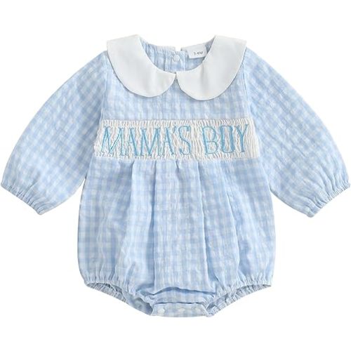 Newborn Baby Boy Summer fall Clothes Mamas Boy Bubble Romper Smocked Clothes Infant Bodysuit Long Sleeve Onesie (Mamas Boy-Blue, 0-3 Months)
