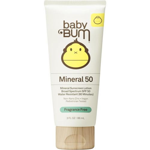 Baby Bum SPF 50 Sunscreen Lotion - Mineral UVA/UVB Face and Body Protection for Sensitive Skin - Hawaii 104 Act Compliant (Made without Octinoxate & Oxybenzone) - Fragrance Free - Travel Size - 3 oz