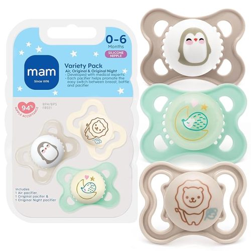 MAM Variety Pack Baby Pacifier, Includes 3 Types of Pacifiers, Nipple Shape Helps Promote Healthy Oral Development,0-6 Months, Unisex, 3 Count (Pack of 1)