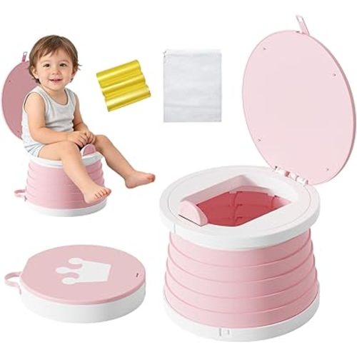 Portable Foldable Toddler Travel Potty - Medium Pink Potty Seat, Emergency Toilet for Car Camping Hiking, Lightweight Potty Chair for Indoor Outdoor Toddler Use (Pink)