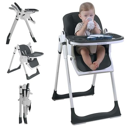 Sunchildor 3 in 1 Baby High Chair with Wheels, Adjustable 5 Point Harness, Tray, Foot Rest, Backrest and Seat Height, Foldable High Chair for Toddlers, Black