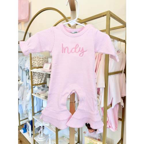 Pink Stripe Ruffle Booty Romper- Bubbly Font Name – Little Stitches & Co.