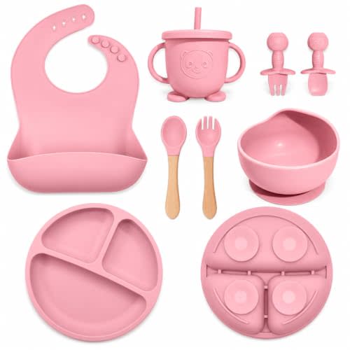 Silicone Baby Feeding Utensils Set for 6+ Months, 8 Pcs, Pink | Baby Led Weaning Supplies with Suction Plates & Bowls, Adjustable Bib, Spoons & Forks, Sippy Cup, Baby Essentials, BPA-Free