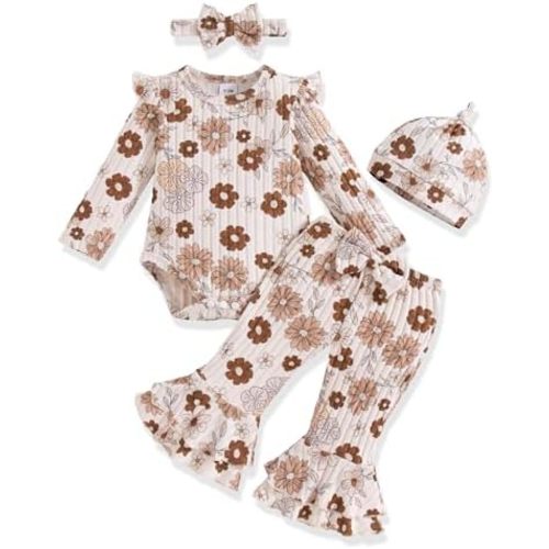 Vibebox Preemie Newborn Baby Girl Clothes Fall Winter Outfits Infant Girls Long Sleeve Ruffle Romper Bell Bottoms Pants Sets