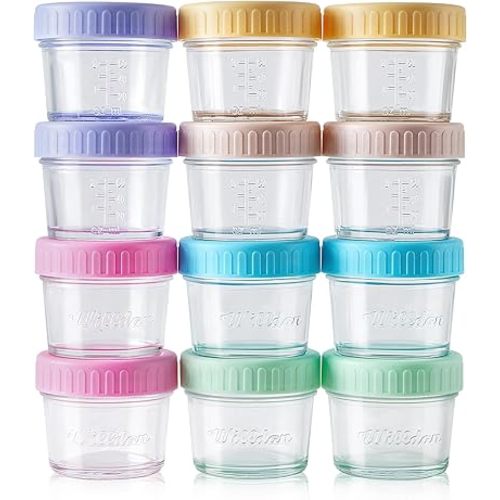 Glass Baby Food Storage Jars w/Lids (4 oz, 12 Pack Set) Snack, Puree, Reusable Small Containers, Breast Milk, Fridge or Freezer, Microwave & Dishwasher Safe, Essential Must Have for Infants