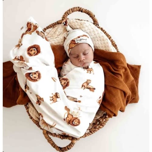 Lion Organic Baby Jersey Swaddle Wrap & Beanie | Snuggle Hunny
