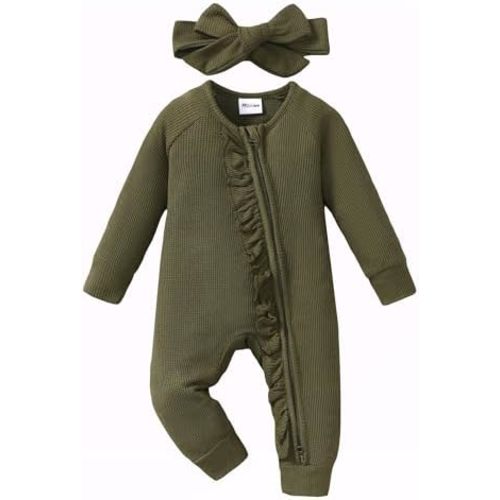 Mikrdoo Newborn Infant Baby Girl Clothes Fall Winter Outfits Long Sleeve Zipper Rompers with Headband