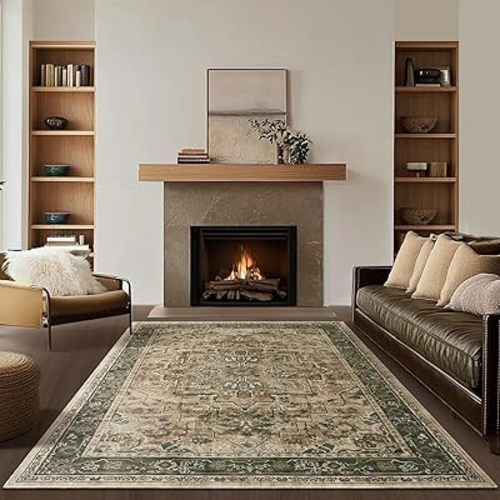 Moody 6x9 Area Rugs for Living Room, Low Pile Thin Washable Non Slip Rugs for Bedroom Dining Room, Vintage Medallion Distressed Carpet for Home Office Guest Room, Multi Brown/Green