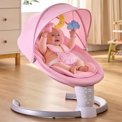HARPPA Weddell Electric Baby Swing for Infants, 5-Point Harness, 5 Motion Levels, Remote & Touch Control, Built-in Melodies, Portable Baby Swing for Indoor Use,Light Pink