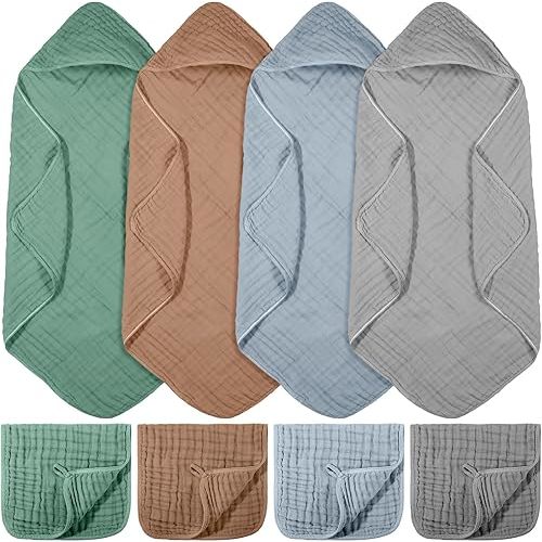 VitalCozy 8 Pcs Baby Muslin Hooded Bath Towels and Washcloths, 32 x 32 Inch Muslin Hooded Baby Towels Absorbent Blankets for Gift Newborn Infant Shower (Modern Style)