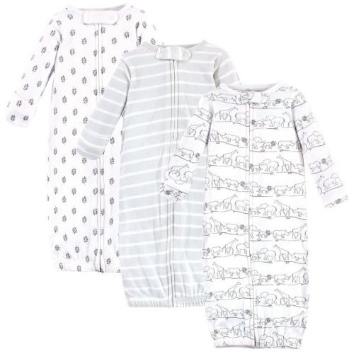 Touched By Nature Baby Organic Cotton Zipper Long-sleeve Gowns 3pk, Safari, Preemie
