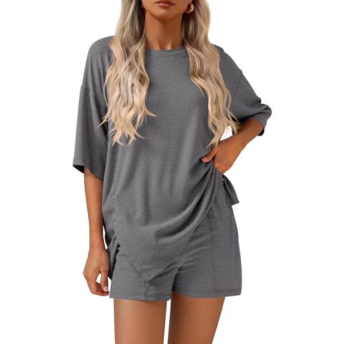 KIRUNDO 2 Piece Sets for Women Summer Lounge Sets Casual Oversized Tshirts Shorts Matching Airport Travel Outfits Postpartum