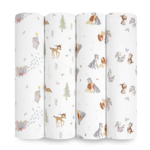 aden + anais x Disney Baby, Cotton Muslin Swaddle Blanket, Disney + Friends, Unisex, Infants, 4-Pk