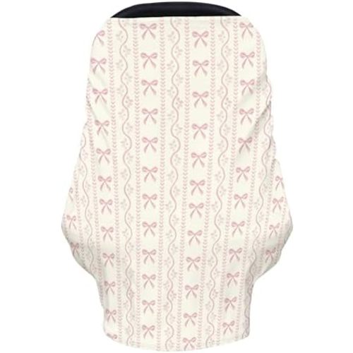Pink Bows Boho Floral Baby Car Seats Covers Cute Bows Flowers Striped Car Canopy Breastfeeding Cover Pastel Girly Ribbons Baby Stroller Breastfeeding Covers for Babies Boys Girls Shower Gifts