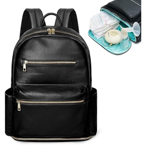 MOMINSIDE Small Diaper Bag Backpack, 13 Pockets Leather Mini Baby Bag Backpack, Breast Pump Bag, 13 Inch Laptop Sleeve, 2 Insulated Pockets, Bottom Compartment(Black)
